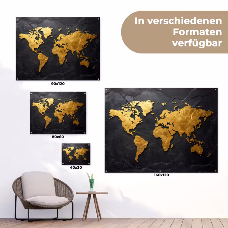 Wereldkaart - Goud - Steen tuinposter los doek klein -Xsfeer9_DE