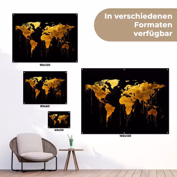 Wereldkaart - Goud - Druipen - Zwart tuinposter los doek klein -Xsfeer9_DE