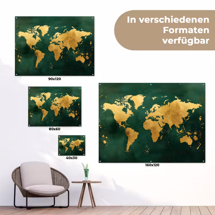 Wereldkaart - Groen - Goud tuinposter los doek klein -Xsfeer9_DE