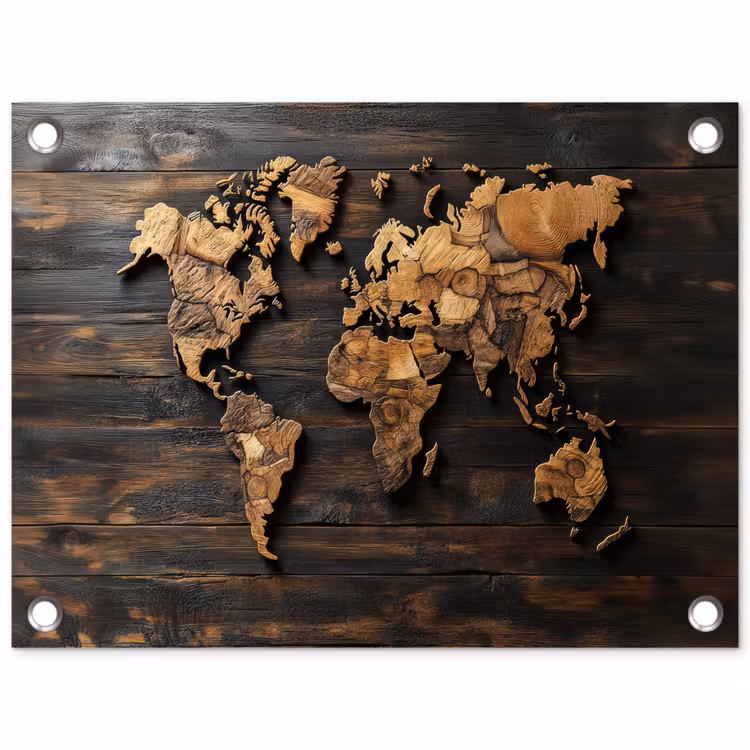 Wereldkaart - Hout - Mozaïek tuinposter los doek klein -3d