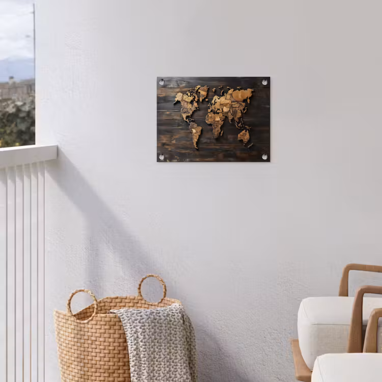 Wereldkaart - Hout - Mozaïek tuinposter los doek klein -sfeer8