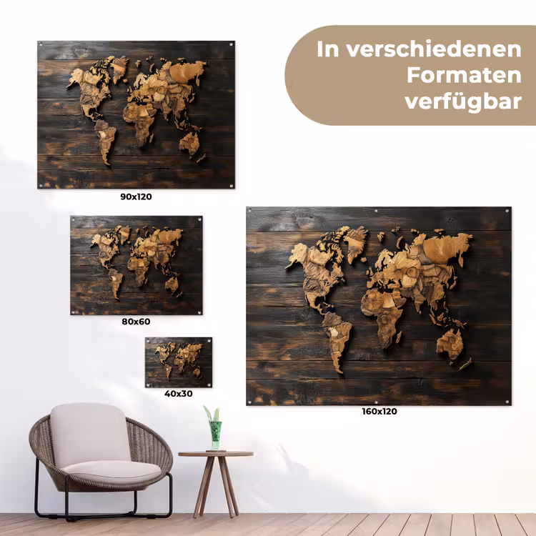 Wereldkaart - Hout - Mozaïek tuinposter los doek klein -Xsfeer9_DE