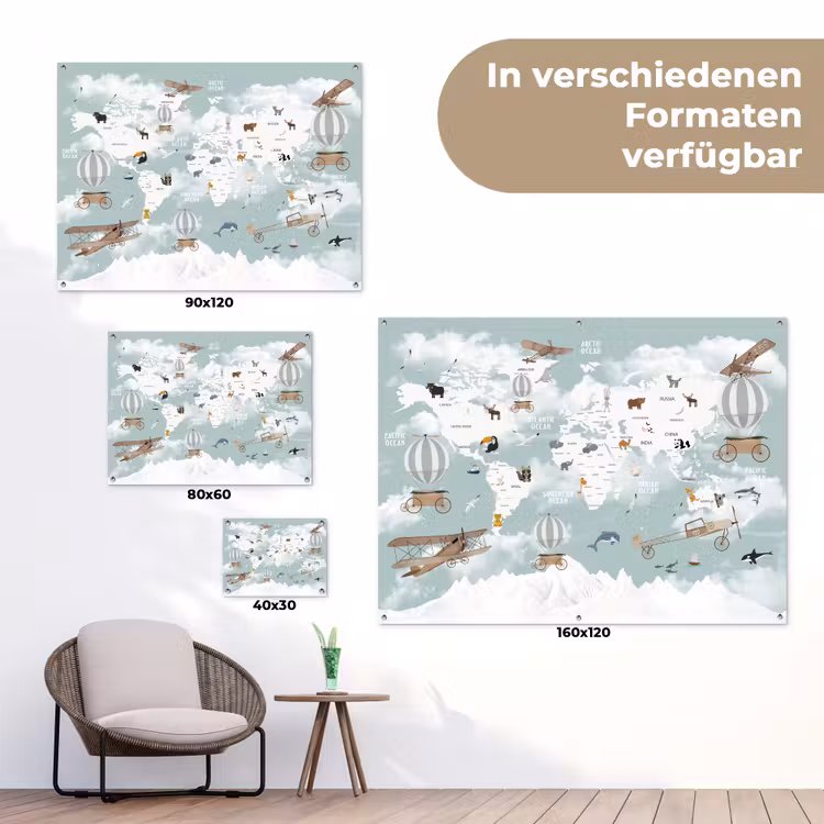 Wereldkaart - Kind - Vliegtuig tuinposter los doek klein -Xsfeer9_DE