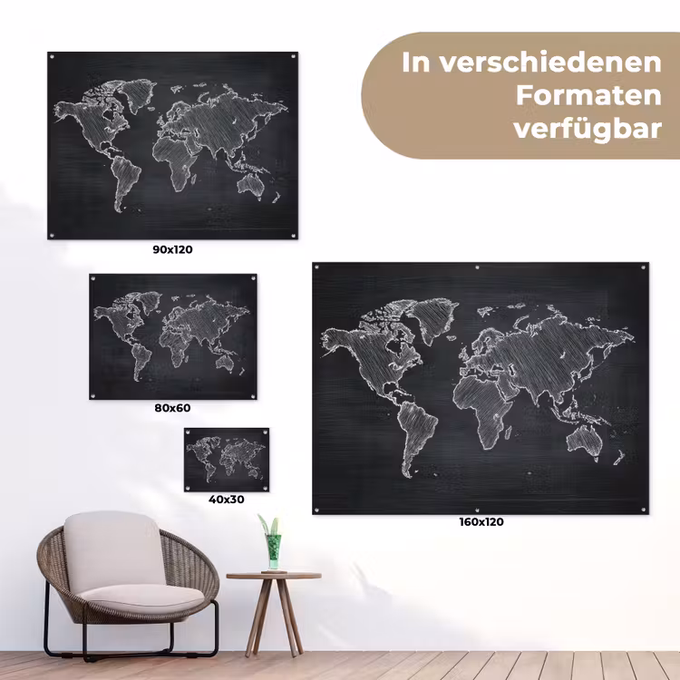 Wereldkaart - Krijt - Zwart - minimalistisch tuinposter los doek klein -Xsfeer9_DE