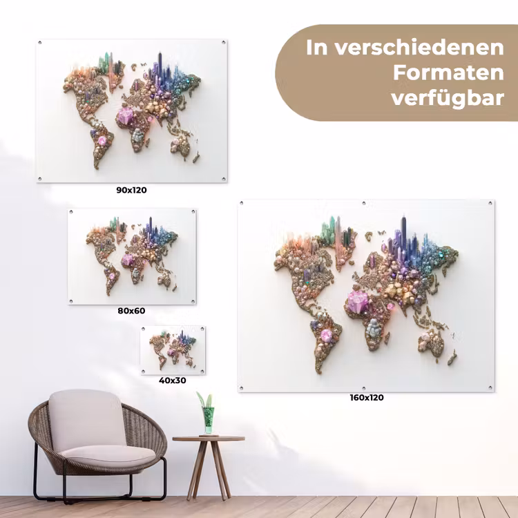 Wereldkaart - Kristallen - Unieke tinten tuinposter los doek klein -Xsfeer9_DE