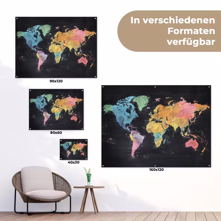 Wereldkaart - Krijtstrepen - Regenboog tuinposter los doek klein -Xsfeer9_DE