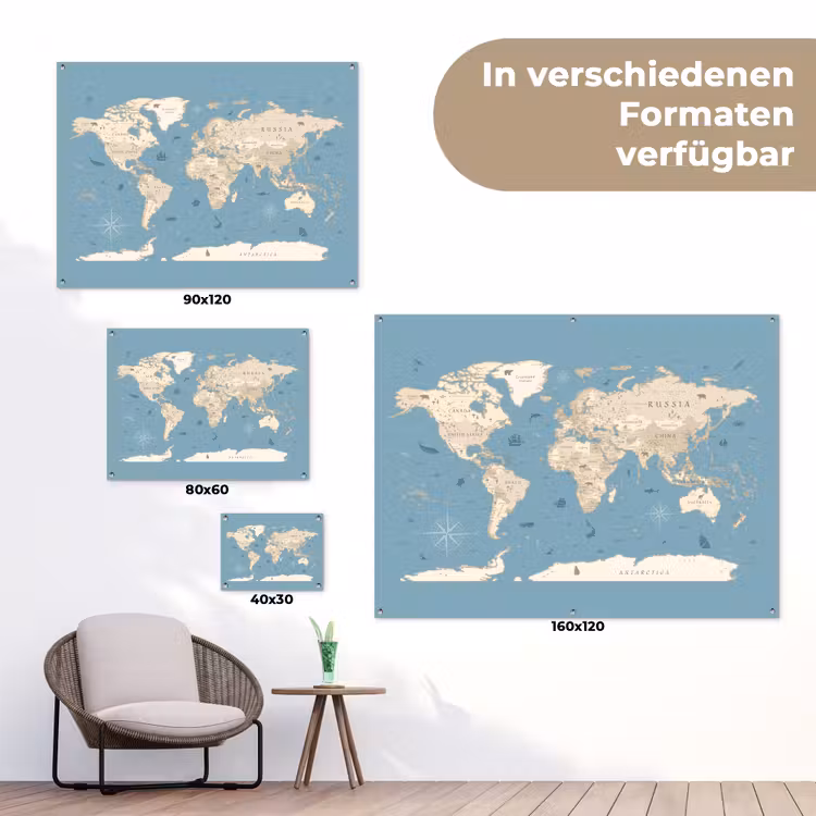 Wereldkaart - Oceaan - Realistisch - Blauw tuinposter los doek klein -Xsfeer9_DE