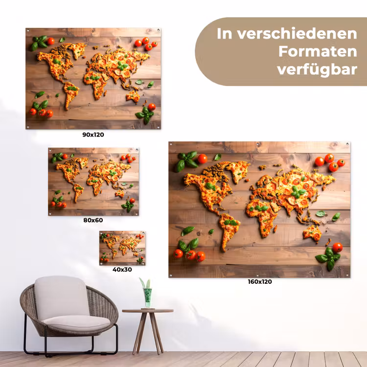 Wereldkaart - Pizza - Houten ondergrond tuinposter los doek klein -Xsfeer9_DE