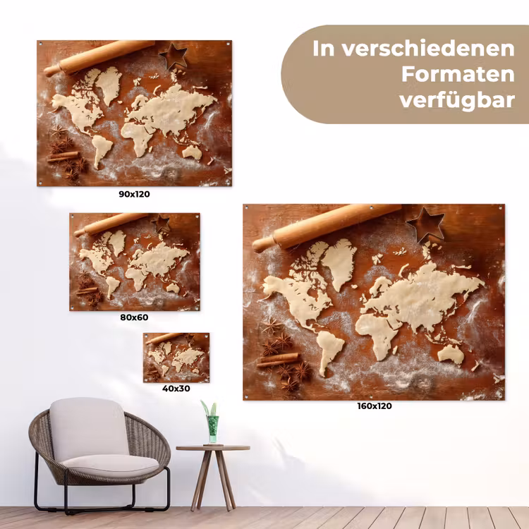 Wereldkaart - Koekjesdeeg - Warme baksfeer tuinposter los doek klein -Xsfeer9_DE