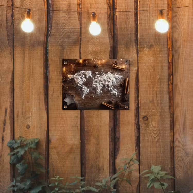 Wereldkaart - Poedersuiker - Hout tuinposter los doek klein -sfeer1