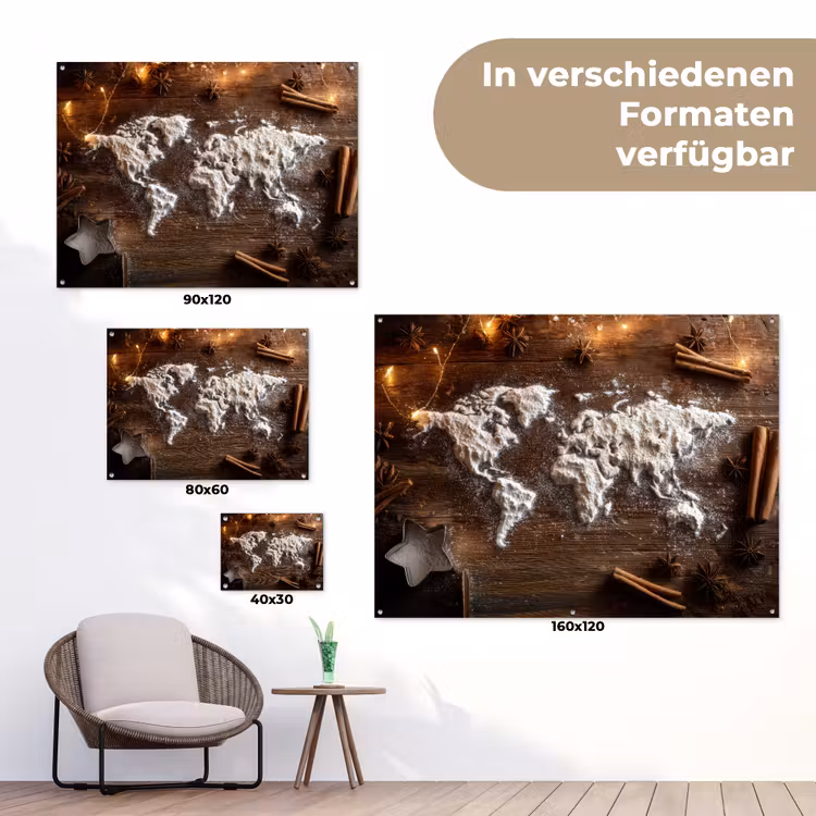 Wereldkaart - Poedersuiker - Hout tuinposter los doek klein -Xsfeer9_DE