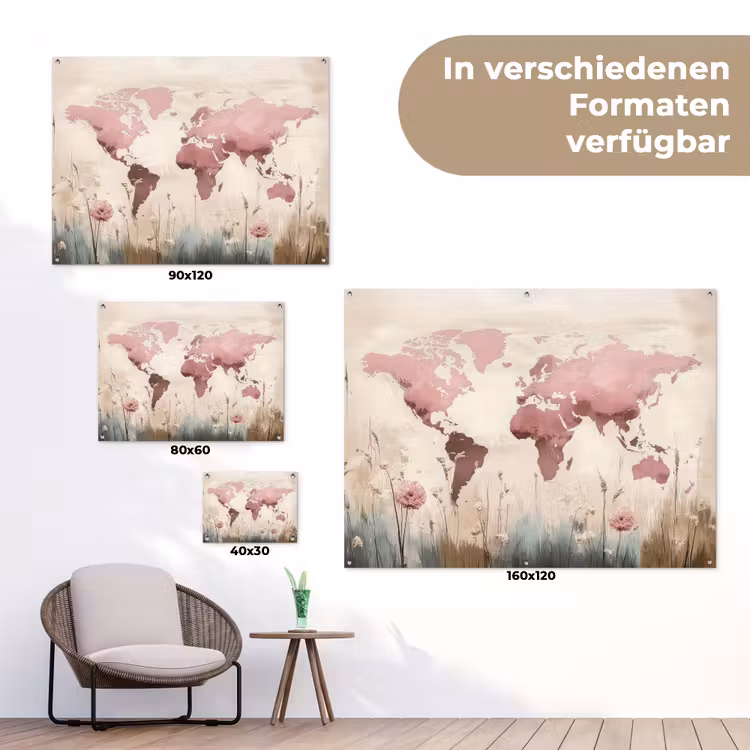 Wereldkaart - Roze - Bloemen tuinposter los doek klein -Xsfeer9_DE