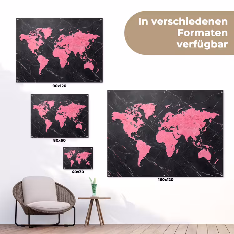 Wereldkaart - Roze - Marmer tuinposter los doek klein -Xsfeer9_DE