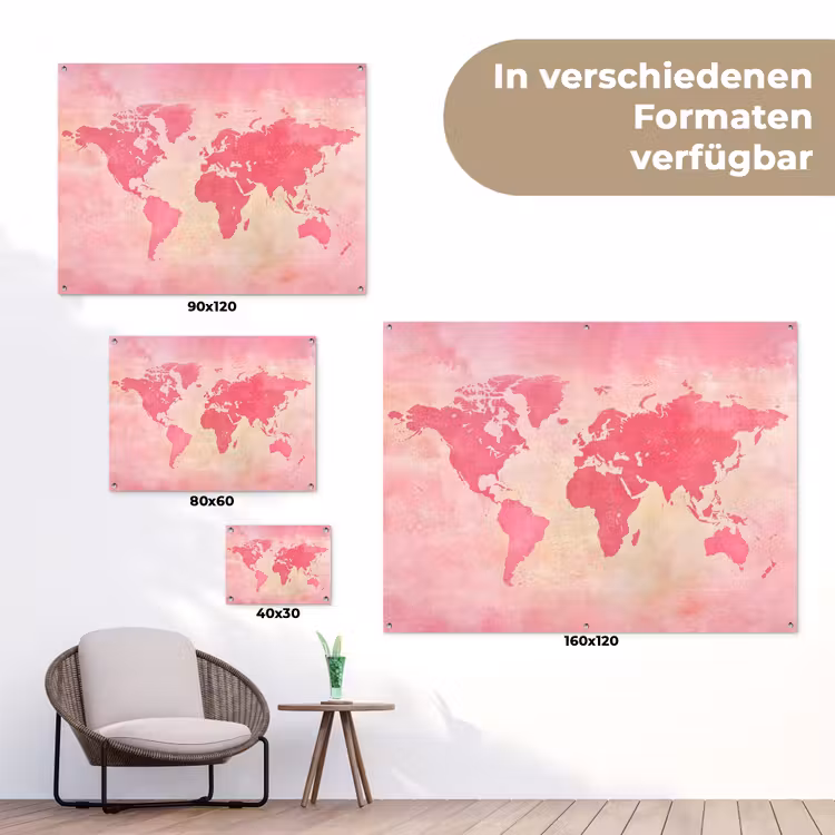 Wereldkaart - Roze - Vaag tuinposter los doek klein -Xsfeer9_DE