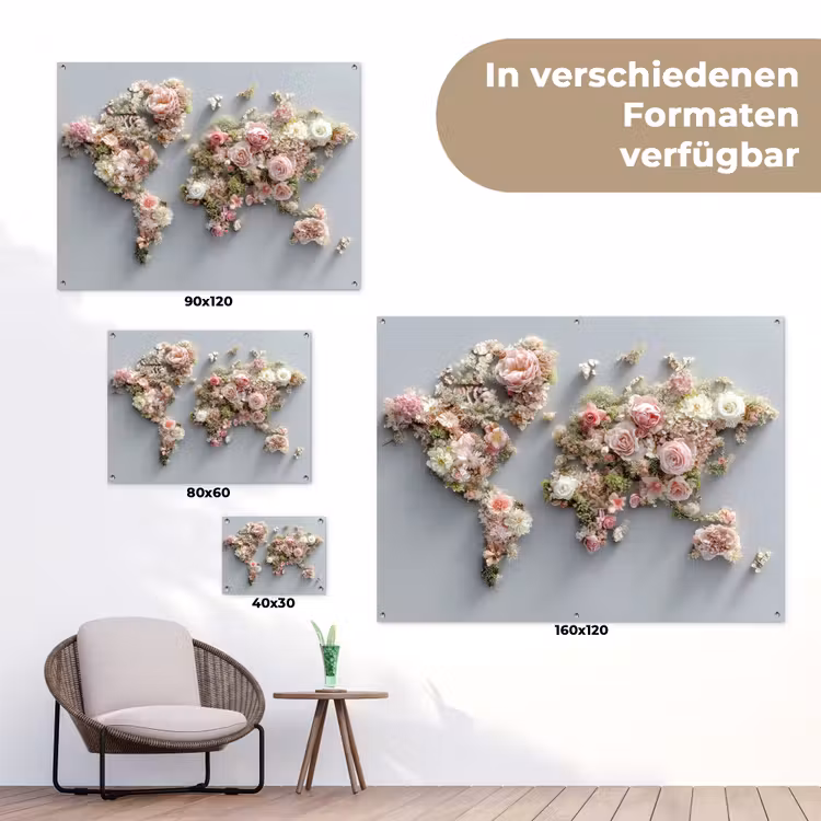 Wereldkaart - Rozen - Roze tuinposter los doek klein -Xsfeer9_DE