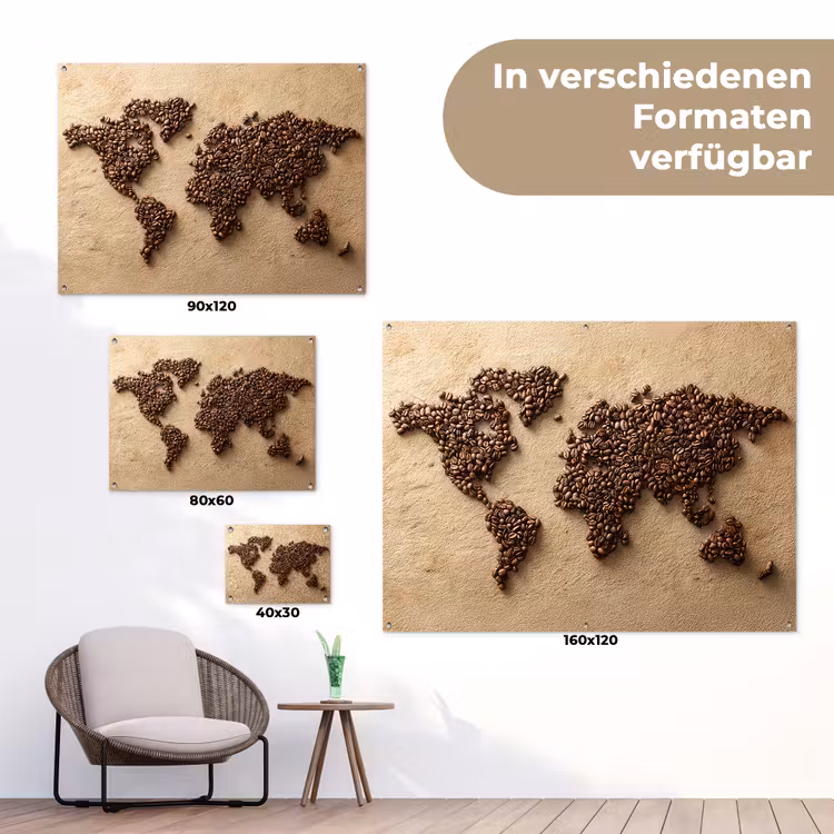 Wereldkaart - Zandkleur - Koffiebonen tuinposter los doek klein -Xsfeer9_DE
