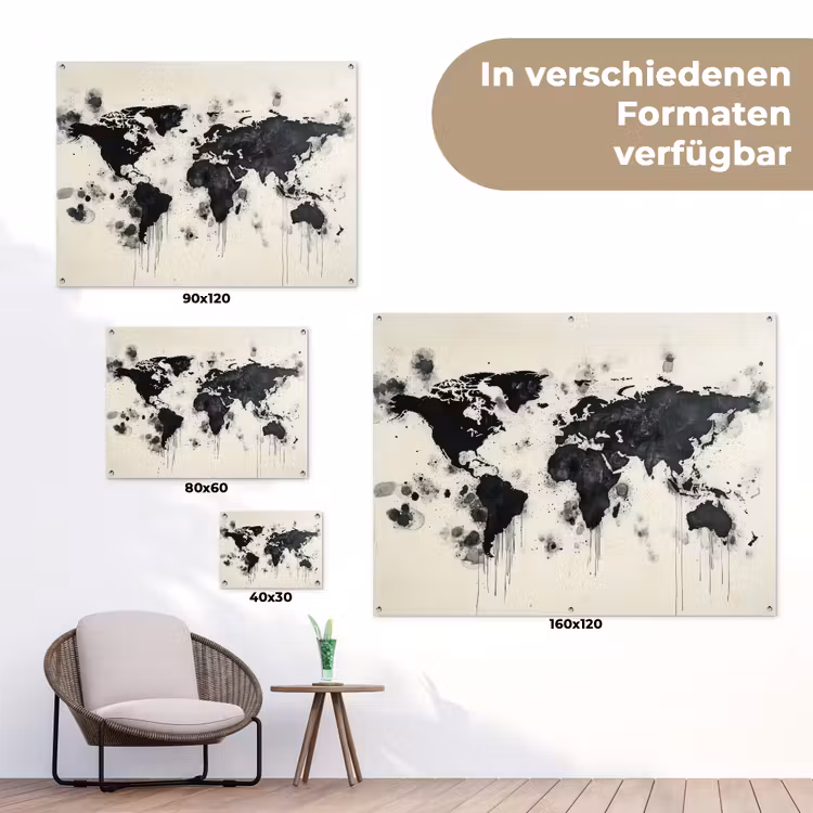 Wereldkaart - Zwart - Inkt tuinposter los doek klein -Xsfeer9_DE