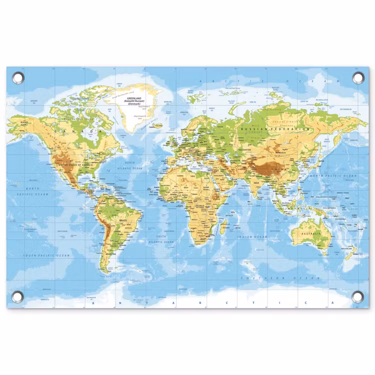 Wereldkaart - Staatkundig - Blauw - Aarde - Educatief tuinposter los doek klein -3d