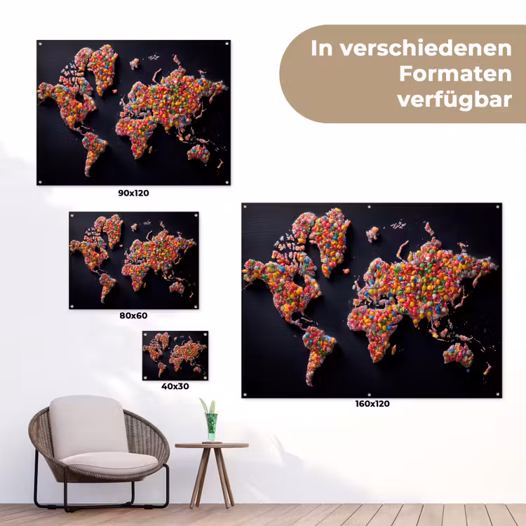 Wereldkaart - Snoepjes - Felle kleuren tuinposter los doek klein -Xsfeer9_DE