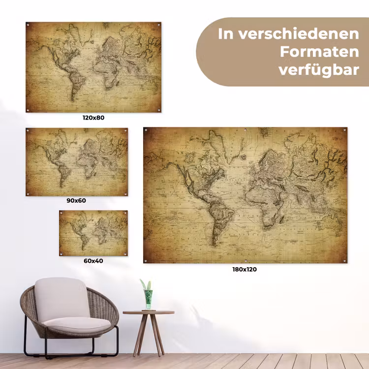 Wereldkaart - Vintage - Antiek - Bruin - Papier tuinposter los doek klein -Xsfeer9_DE