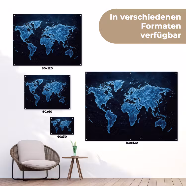 Wereldkaart - Waterstructuur - Blauw tuinposter los doek klein -Xsfeer9_DE