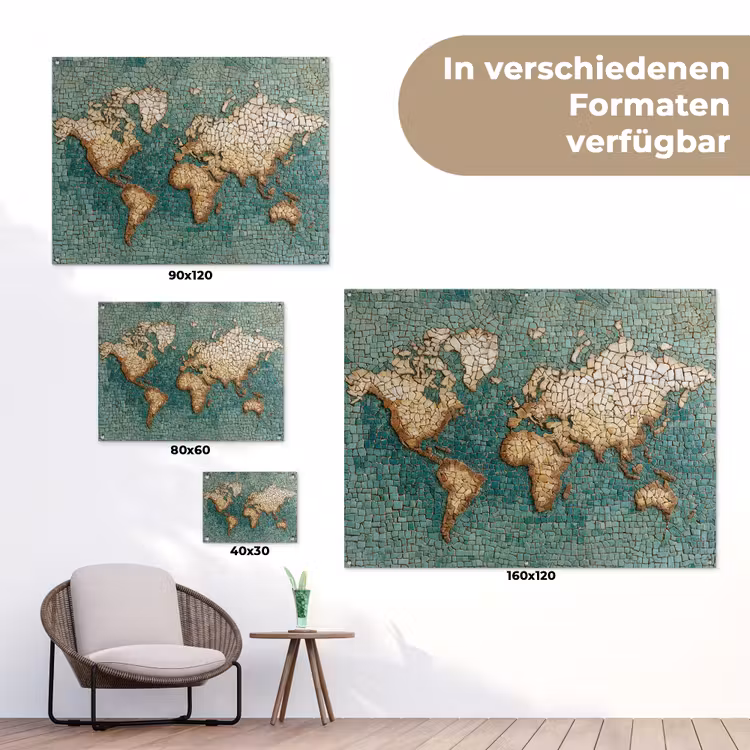 Wereldkaart - Gebroken tegels - Mozaïek tuinposter los doek klein -Xsfeer9_DE