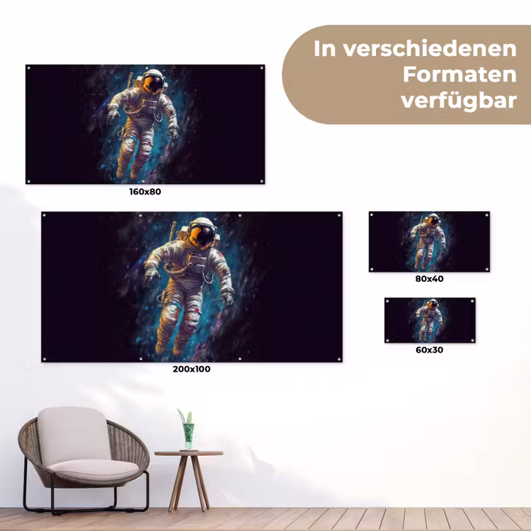 Ruimte - Neon - Astronaut - Sterren tuinposter los doek klein -Xsfeer9_DE