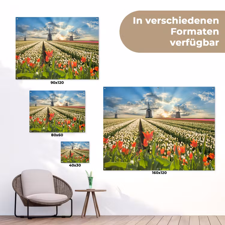 Windmolens en tulpenvelden bij zonsopgang tuinposter los doek klein -Xsfeer9_DE