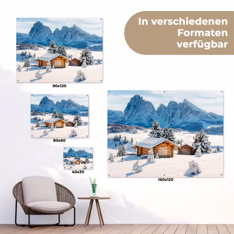 Winter - Huisje - Bergen - Uitzicht - Sneeuw tuinposter los doek klein -Xsfeer9_DE