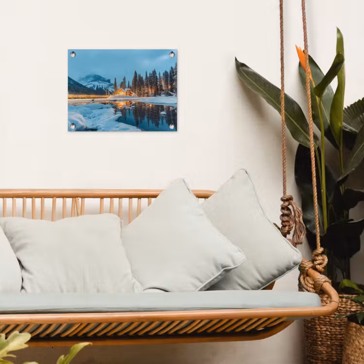 Winterlandschap - Natuur - Huis - Bergen - Sneeuw tuinposter los doek klein -sfeer7