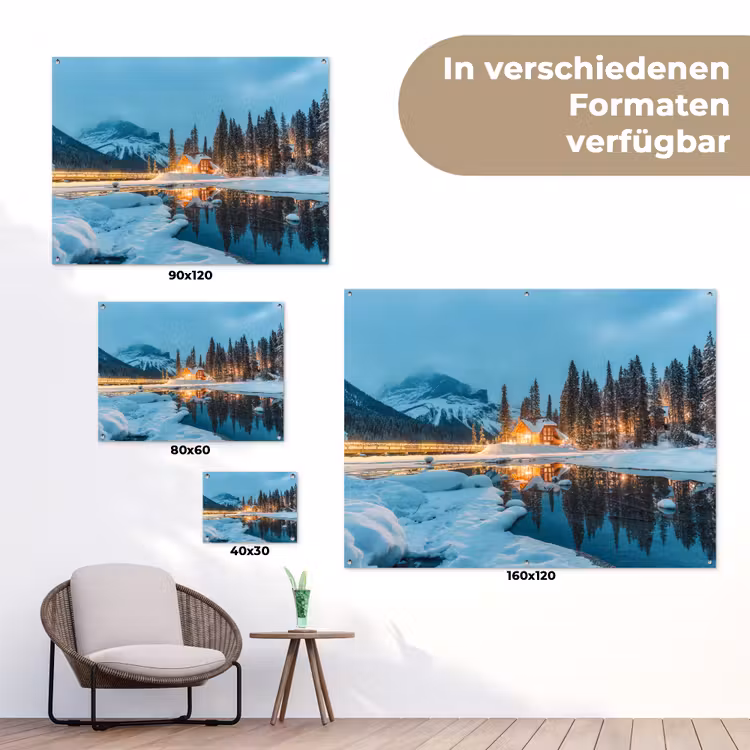 Winterlandschap - Natuur - Huis - Bergen - Sneeuw tuinposter los doek klein -Xsfeer9_DE