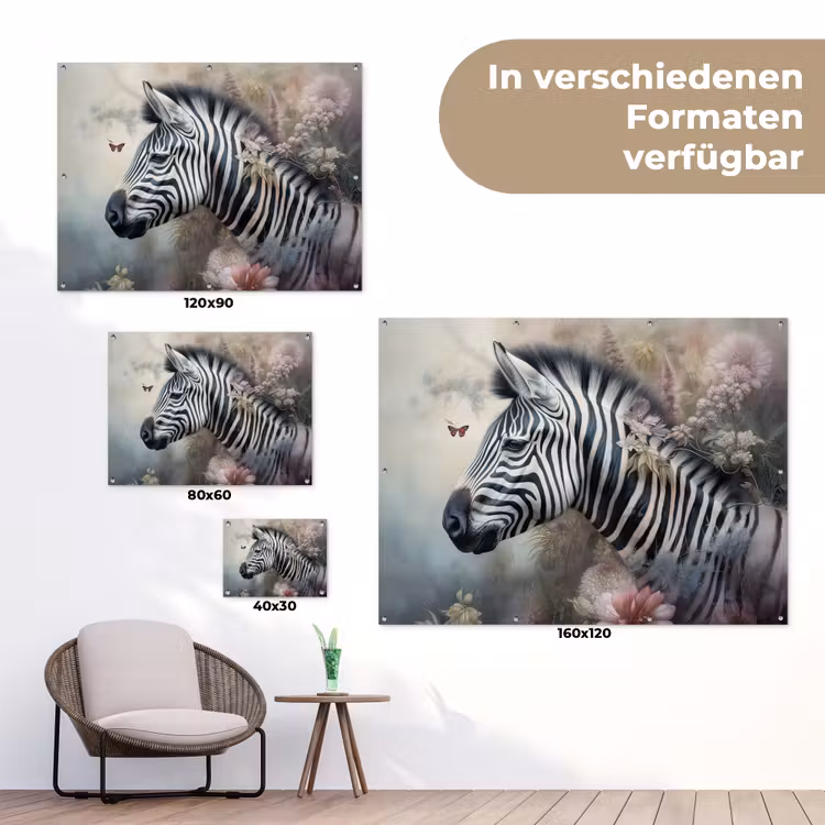Zebra - Wilde dieren - Vlinder - Bloemen tuinposter los doek klein -Xsfeer9_DE