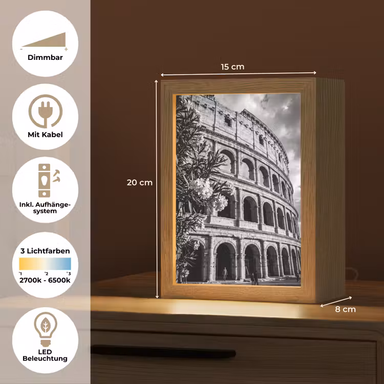 Personalisierte Lightbox - Architektur – Kolosseum – Rom – Historisch – Schwarz-Weiß - Architectuur - Colosseum - Rome - Historisch - Zwart-wit Light Box met kabel (Tafellamp) klein