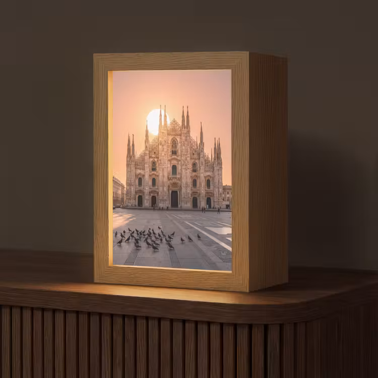 Personalisierte Lightbox - Architektur – Mailand – Platz – Sonnenaufgang – Orange - Architectuur - Milaan - Plein - Zonsopgang - Oranje Light Box met kabel (Tafellamp) klein