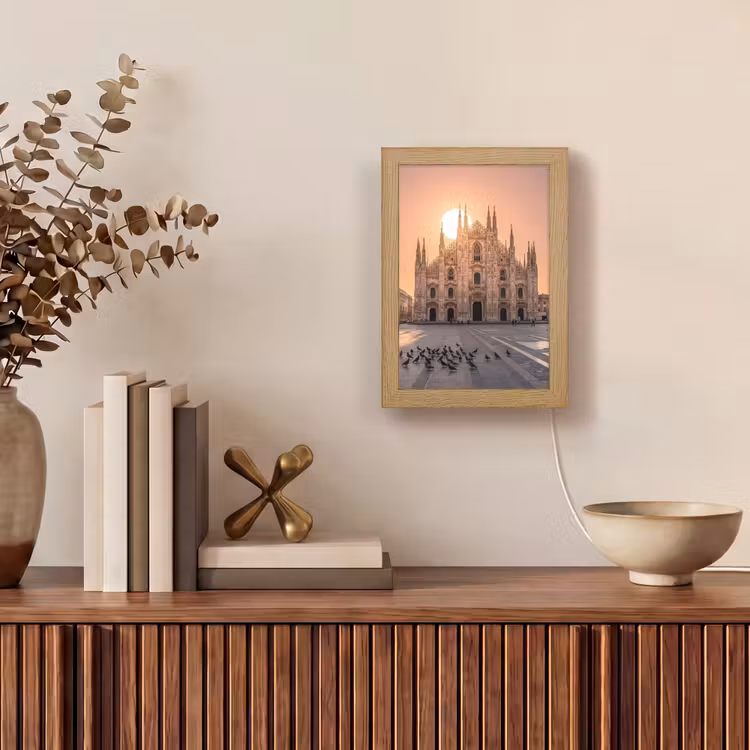 Personalisierte Lightbox - Architektur – Mailand – Platz – Sonnenaufgang – Orange - Architectuur - Milaan - Plein - Zonsopgang - Oranje Light Box met kabel (Tafellamp) klein