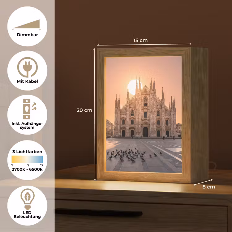 Personalisierte Lightbox - Architektur – Mailand – Platz – Sonnenaufgang – Orange - Architectuur - Milaan - Plein - Zonsopgang - Oranje Light Box met kabel (Tafellamp) klein
