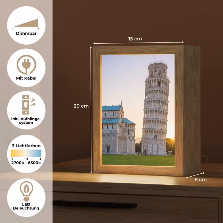 Personalisierte Lightbox - Architektur – Turm – Pisa – Italien – Sonnenuntergang - Architectuur - Toren - Pisa - Italië - Zonsondergang Light Box met kabel (Tafellamp) klein