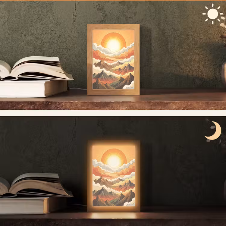 Bergen - Wolken - Natuur - Zonsopgang - Oranje Light Box met kabel (Tafellamp) klein -sfeer3