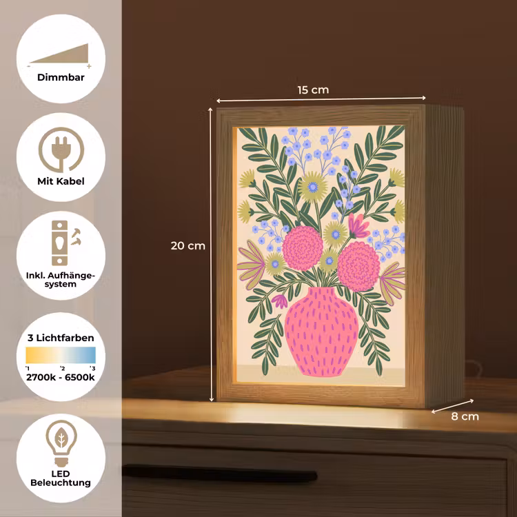 Personalisierte Lightbox - Blumen – Blumenstrauß – Natur – Abstrakt – Rosa - Bloemen - Boeket - Natuur - Abstract - Roze Light Box met kabel (Tafellamp) klein