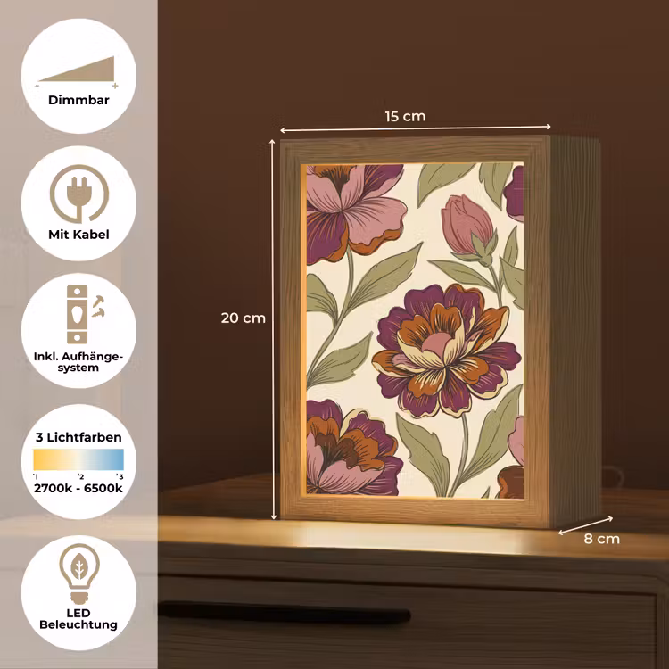 Personalisierte Lightbox - Blumen – Muster – Natur – Modern – Lila - Bloemen - Patroon - Natuur - Modern - Paars Light Box met kabel (Tafellamp) klein