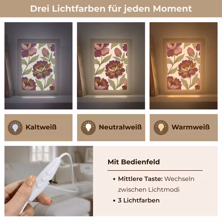 Personalisierte Lightbox - Blumen – Muster – Natur – Modern – Lila - Bloemen - Patroon - Natuur - Modern - Paars Light Box met kabel (Tafellamp) klein
