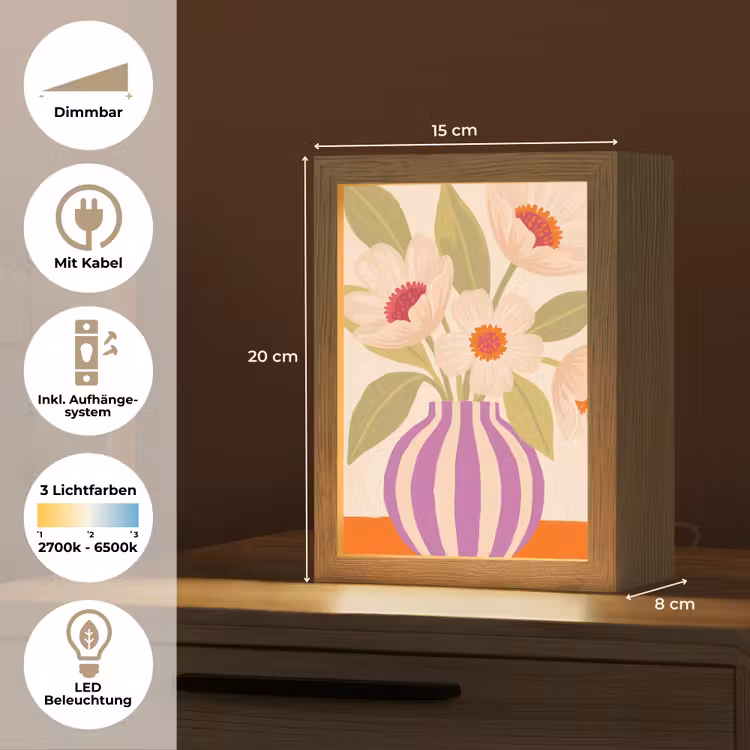 Personalisierte Lightbox - Blumen – Vase – Abstrakt – Lila – Orange - Bloemen - Vaas - Abstract - Paars - Oranje Light Box met kabel (Tafellamp) klein