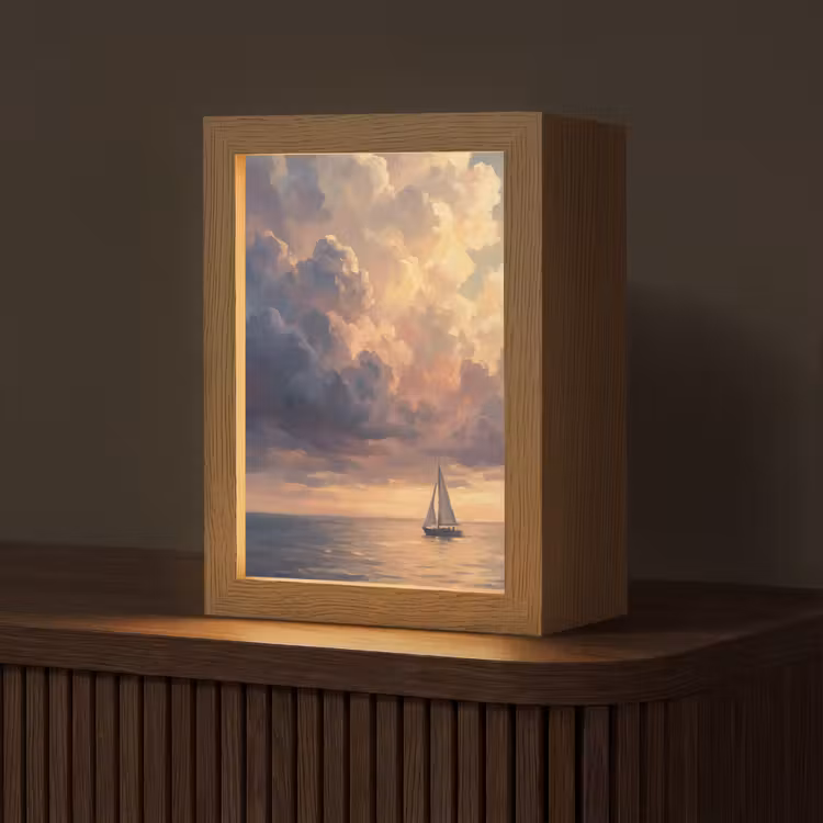 Boot - Zonsondergang - Zee - Natuur - Goud Light Box met kabel (Tafellamp) klein -z3d_website