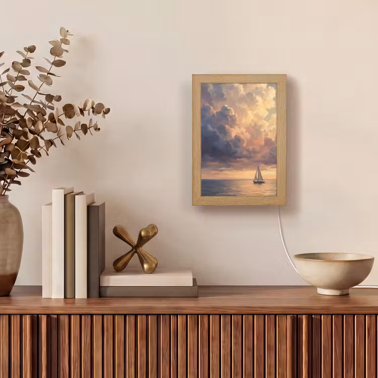 Boot - Zonsondergang - Zee - Natuur - Goud Light Box met kabel (Tafellamp) klein -sfeer2