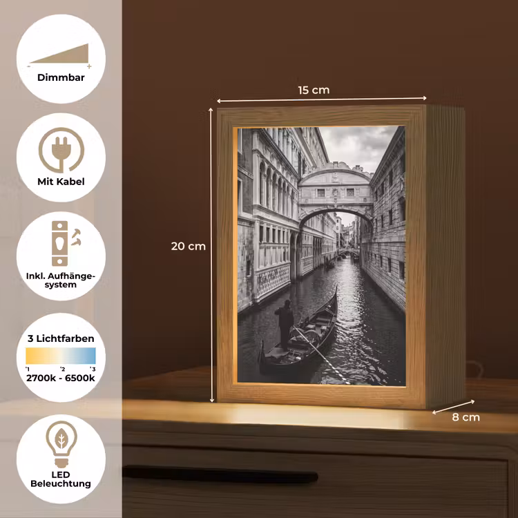 Personalisierte Lightbox - Boot – Wasserstraße – Stadt – Schwarz-Weiß – Architektur - Boot - Waterweg - Stad - Zwart-wit - Architectuur Light Box met kabel (Tafellamp) klein