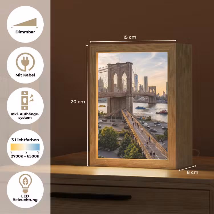 Personalisierte Lightbox - Brücke – Fluss – Stadt – Sonnenuntergang – Architektur - Brug - Rivier - Stad - Zonsondergang - Architectuur Light Box met kabel (Tafellamp) klein