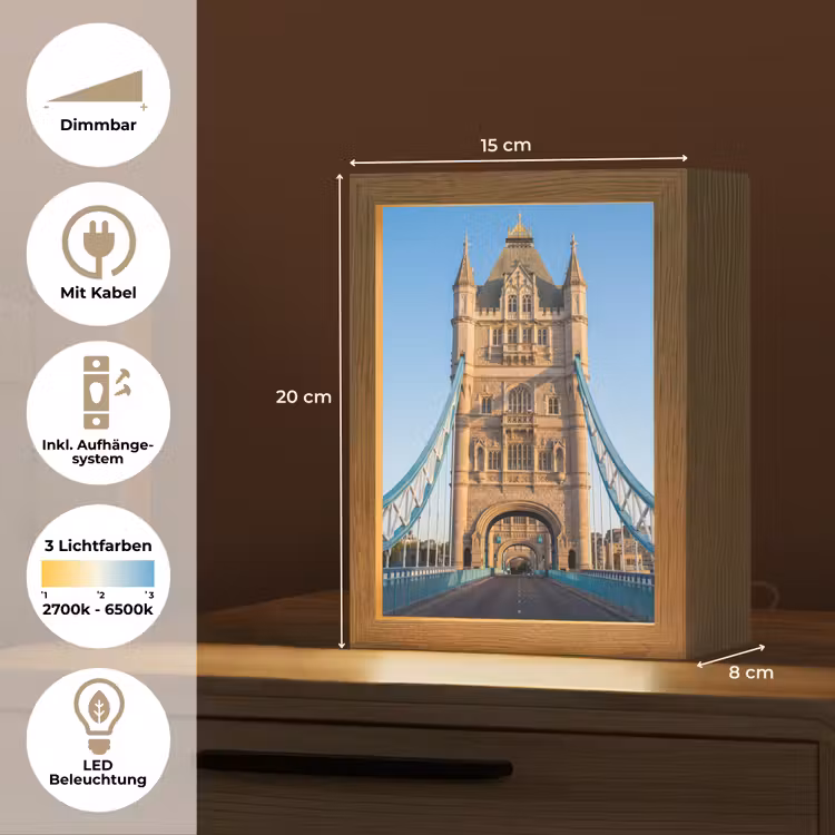 Personalisierte Lightbox - Brücke – Turm – Architektur – Klassik – Blau - Brug - Toren - Architectuur - Klassiek - Blauw Light Box met kabel (Tafellamp) klein