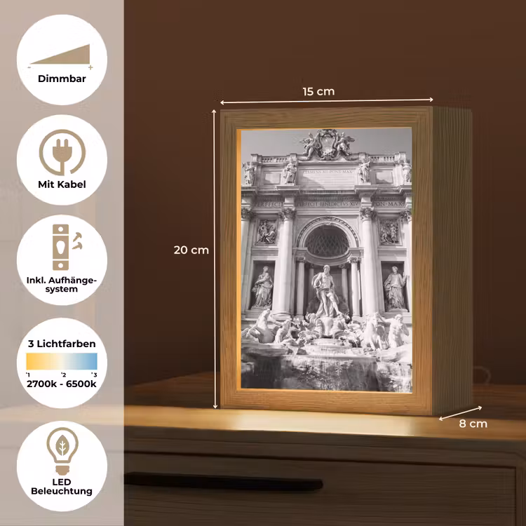 Personalisierte Lightbox - Brunnen – Skulpturen – Architektur – Schwarz-Weiß - Fontein - Beelden - Architectuur - Zwart-wit Light Box met kabel (Tafellamp) klein