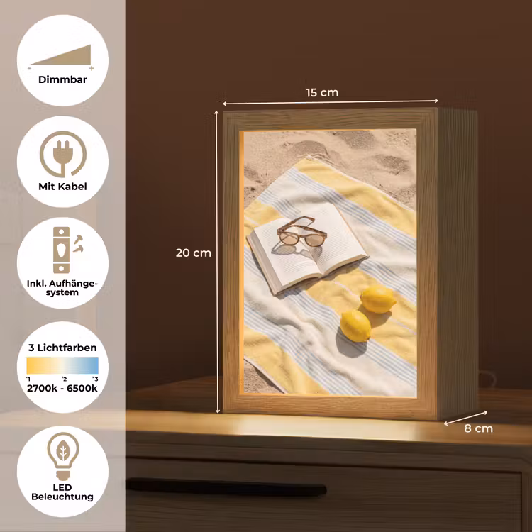 Personalisierte Lightbox - Buch – Sonnenbrille – Strand – Sommer – Gelb - Boek - Zonnebril - Strand - Zomer - Geel Light Box met kabel (Tafellamp) klein