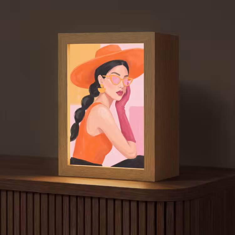 Personalisierte Lightbox - Damen – Hut – Mode – Modern – Orange - Vrouw - Hoed - Mode - Modern - Oranje Light Box met kabel (Tafellamp) klein